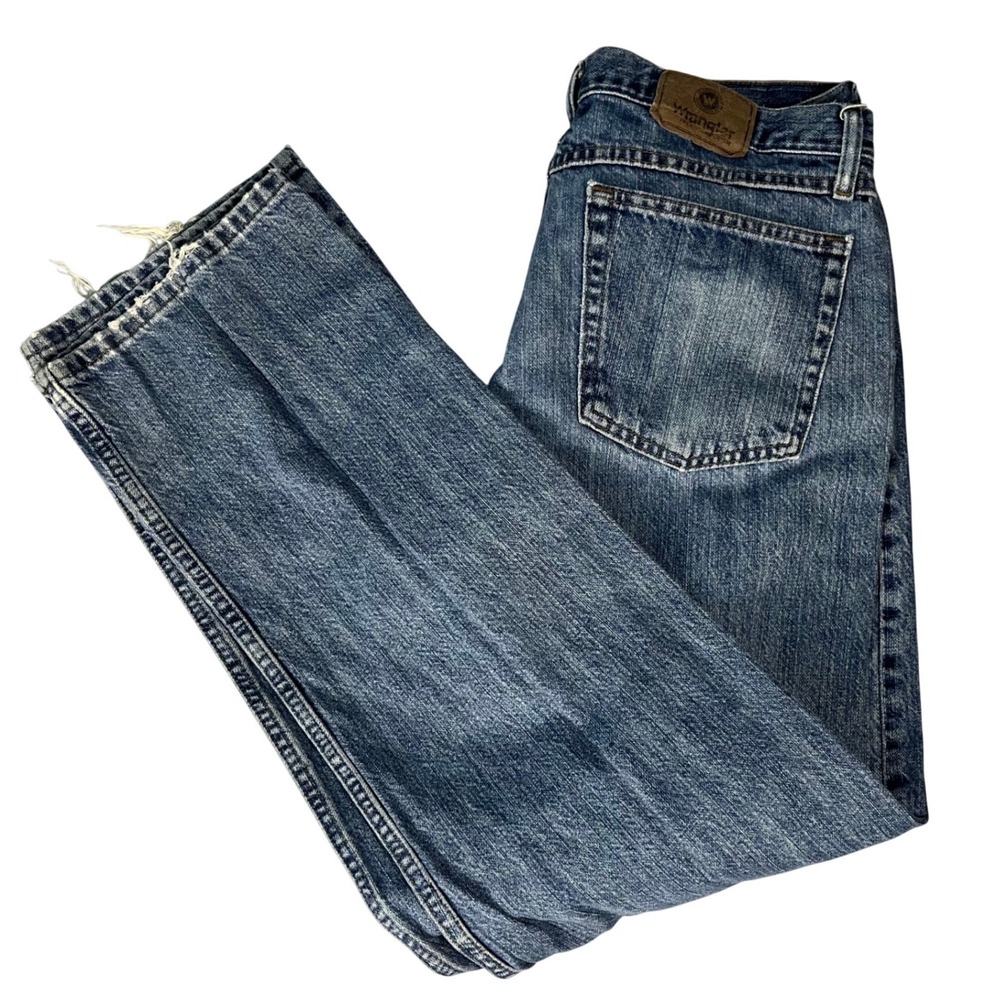 Wrangler Relax Straight Jeans Mens 33x32 Blue Denim Distressed 97LRWWO‎